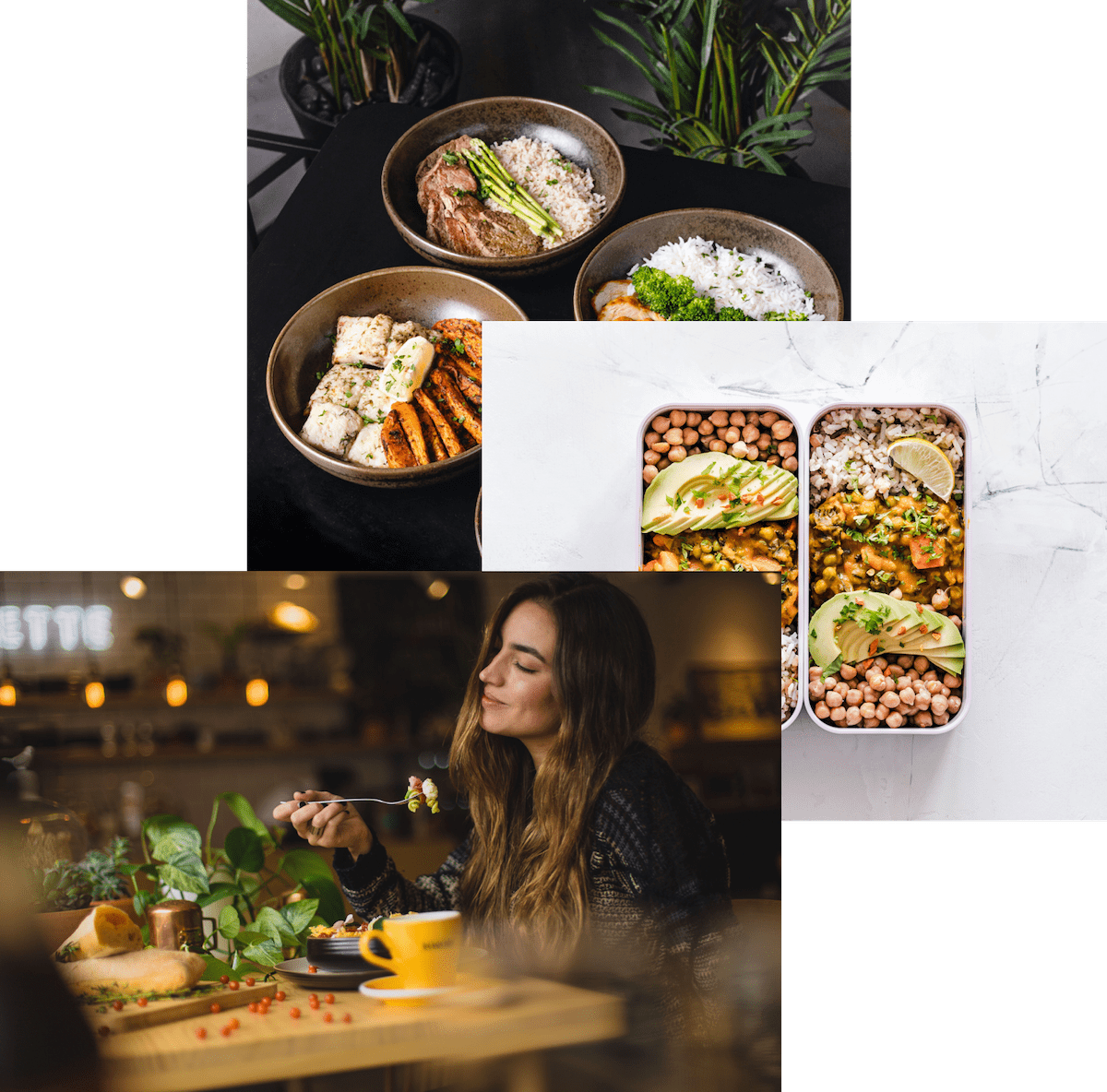 Woman enjoying food, meals in a storage container, and food bowls on a table.